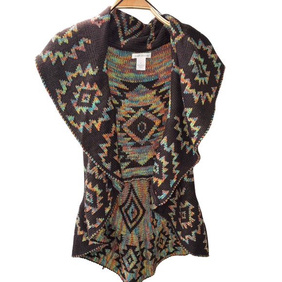 John Paul Richard Women L Brown Aztec‎ Southwestern Open Front Knit Vest Boho - Picture 5 of 7
